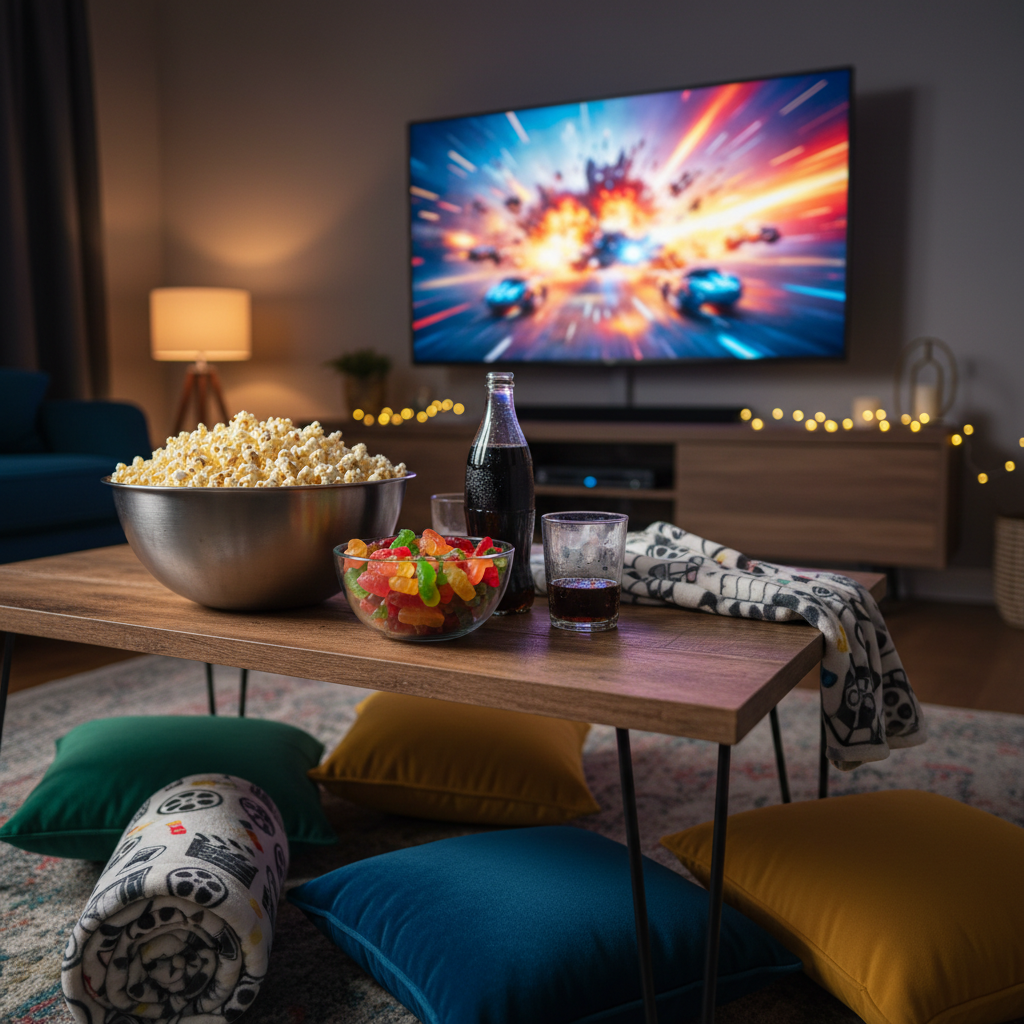 An inviting home movie-watching setup featuring a large flat-screen TV displaying a dramatic, out-of-focus action scene bursting with color. In the foreground, a low coffee table overflows with a playful mix of snacks: a huge metal bowl of popcorn, bright gummy candies in a glass dish, and a frosty soda bottle with condensation beads. Surrounding the table are plush, colorful cushions and a rolled-up fleece blanket with tiny film reel patterns. Soft, dimmed ambient lighting and the cool blue glow from the TV create a cozy, cinematic atmosphere. Photographic realism, wide-angle composition, eye-level shot, with strong depth giving the sense of stepping into a cinephile’s fun review den.