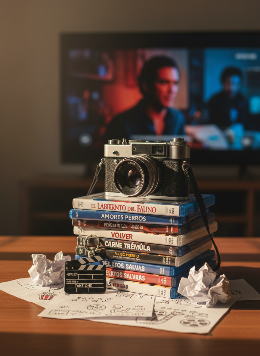 A glossy black-and-silver vintage film camera resting atop a neat stack of colorful Blu‑ray and DVD cases, each spine showing classic movie titles in Spanish. The setup is on a warm wooden desk scattered with handwritten review notes, star doodles, and a clapperboard keychain. In the background, slightly out of focus, a large TV screen glows with a paused movie frame full of dramatic colors. Golden hour light from a nearby window casts soft, cinematic shadows and gentle reflections on the camera lens. Photographic realism, eye-level angle, shallow depth of field, playful yet cozy atmosphere, perfect header image for a cinephile review blog.