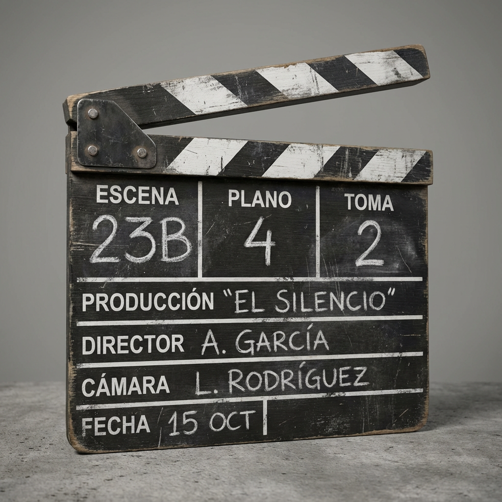 A worn film clapperboard with text: ESCENA 23B, PLANO 4, TOMA 2, PRODUCCIÓN "EL SILENCIO", DIRECTOR A. GARCÍA, CÁMARA L. RODRÍGUEZ, FECHA 15 OCT.